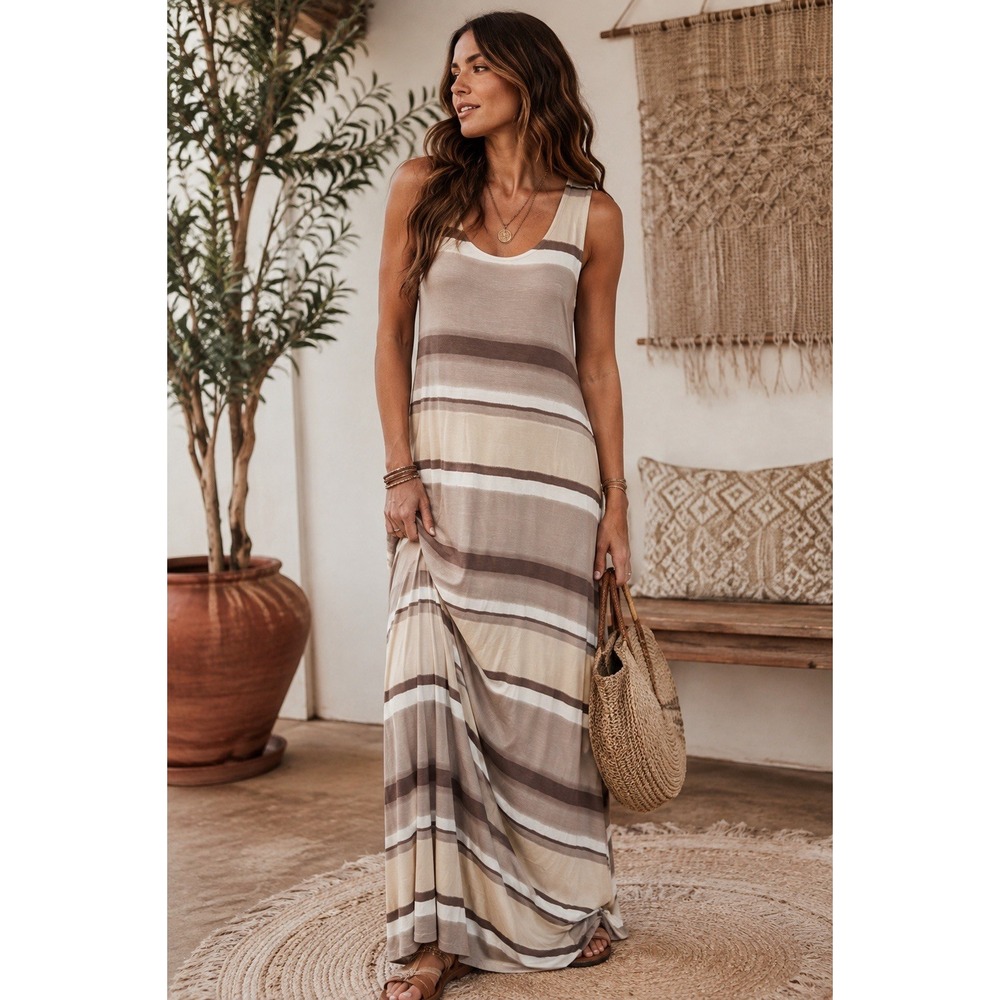 Soma Intimates Striped Brown Cream Jersey Maxi Dress Medium Boho Comfort Casual